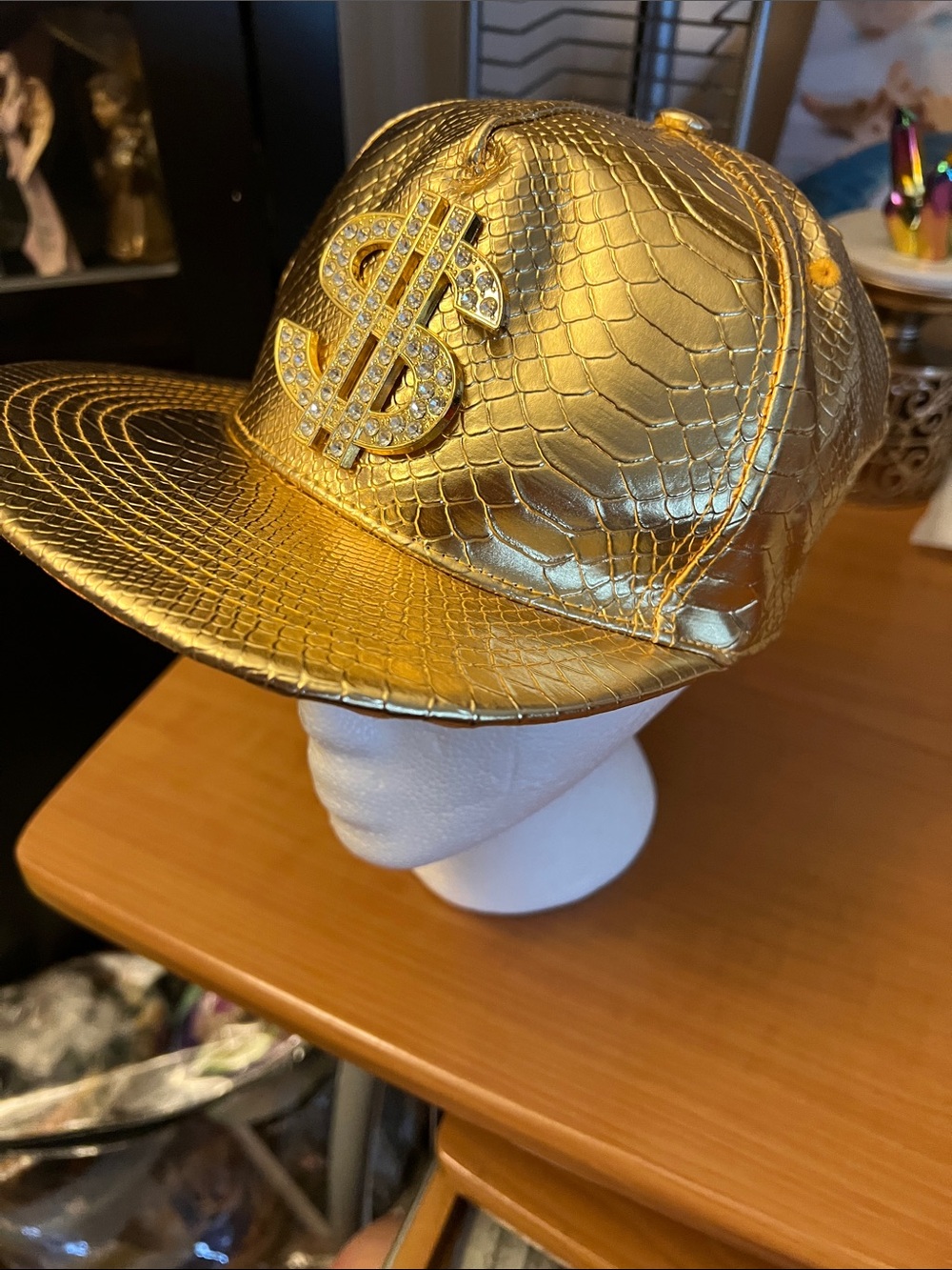 Gold Leather Faux-Croc Snapback Hat with Rhinestone Dollar Emblem